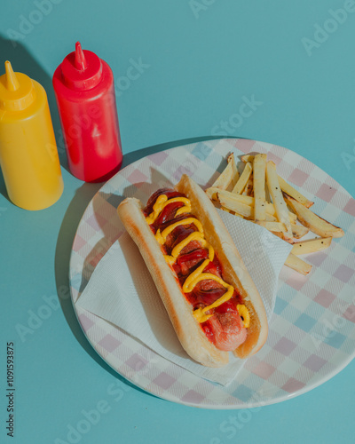 hot dog with mustard and ketchup