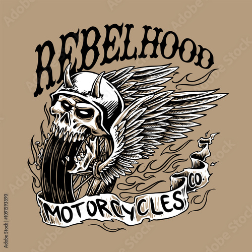 vector of skull helmet with flying wheel for custom motorcycle garage logo
