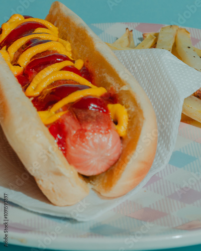 hot dog with mustard and ketchup
