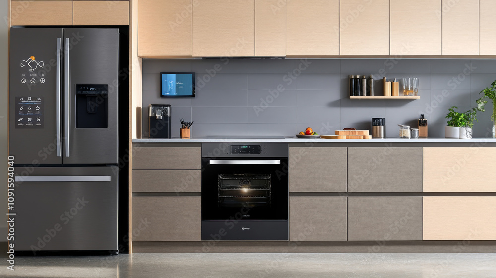 Fototapeta premium Smart Kitchen: Modern Appliances, Integrated Technology, Sleek Design, Stainless Steel, Gray Cabinets