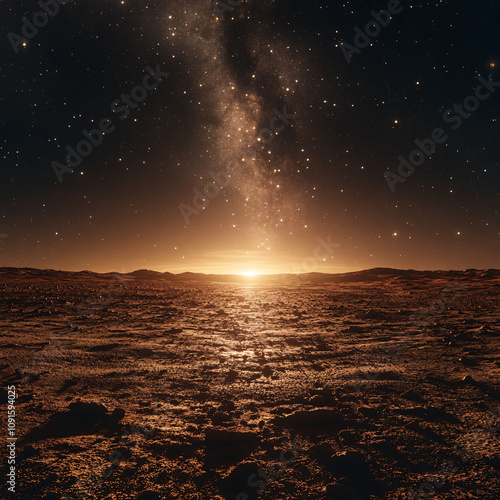 Cosmic Landscape of Mars Featuring Rugged Terrain and a Glowing Horizon Blending into the Vastness of Outer Space photo