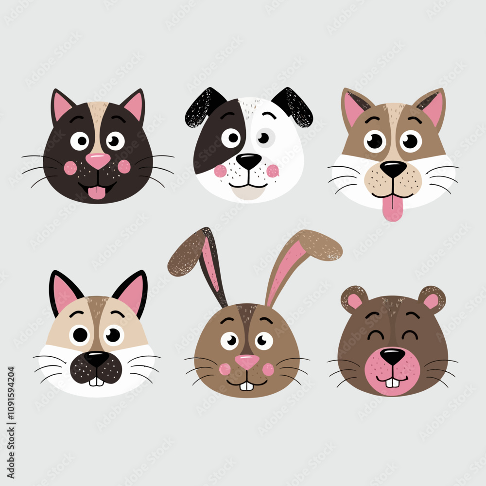 Fototapeta premium Playful Cartoon Faces Expressive Flat Color Character Emotions 