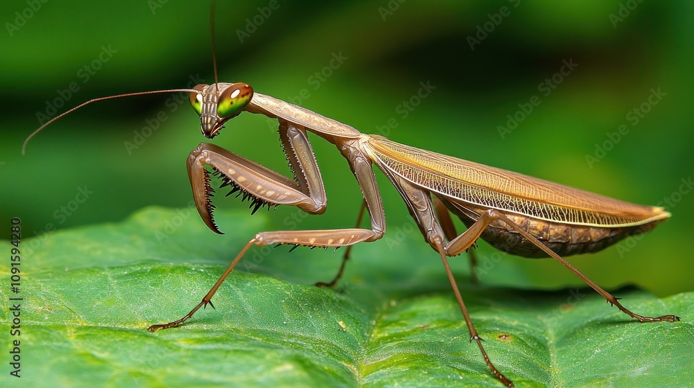 Close-up of a brown praying mantis perched on a green leaf. Close-up of a brown praying mantis perched on a green leaf.