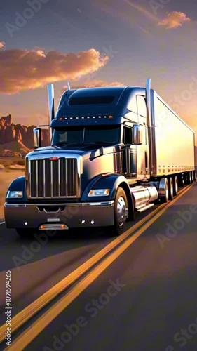vertical 9:16 3d semi truck on a desert highway at sunset