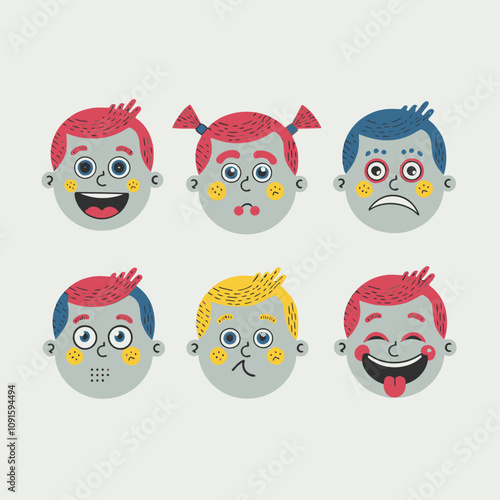 Playful Cartoon Faces Expressive Flat Color Character Emotions
