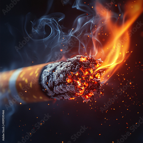 Hyper-Close-Up Photograph of a Burning Cigarette Tip with Glowing Embers and Detailed Smoke Effects photo