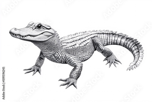 Highly Detailed Monochromatic Illustration of an Alligator with Textured Scales and Defined Jawline in Black-and-White photo