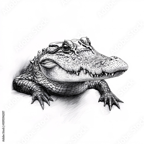 Highly Detailed Monochromatic Illustration of an Alligator with Textured Scales and Defined Jawline in Black-and-White photo