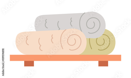 Rolled towels neatly arranged on a wooden shelf in a sauna. Vector illustration.