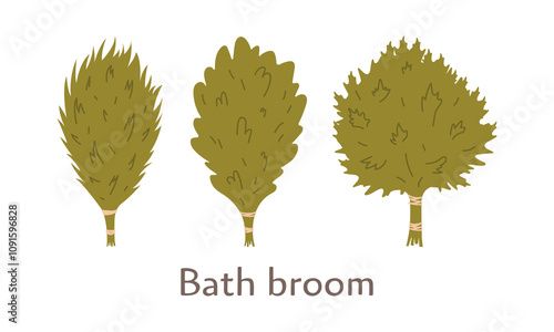 Sauna brooms birch, linden, and eucalyptus for wellness. Vector illustration.