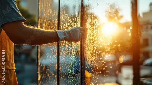  Close-up of cleaning technician wiping large windowpane to remove construction dust, sunlight streaming through sparkling glass for a pristine finish.