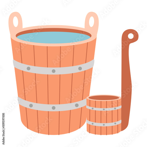 Wooden bucket with water and ladle for sauna. Vector illustration.