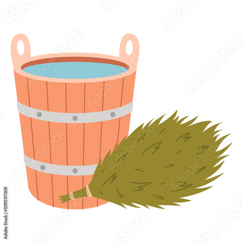 Wooden bucket with water and eucalyptus broom for sauna. Vector illustration.