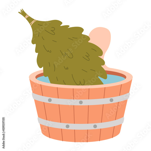 Wooden bucket with water birch broom for bath and sauna. Vector illustration.