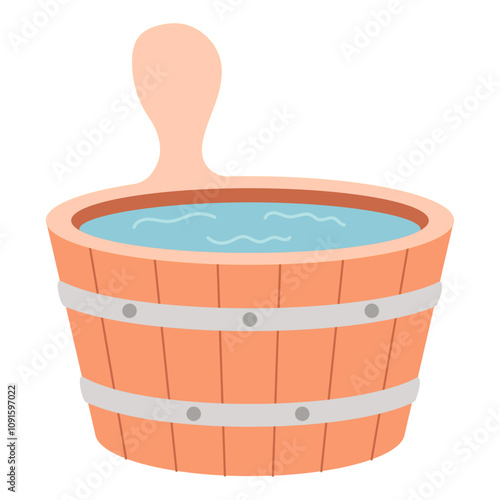 Wooden bucket with water for a bath. Vector illustration.