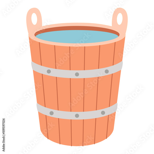 Wooden bucket with water for sauna. Vector illustration.