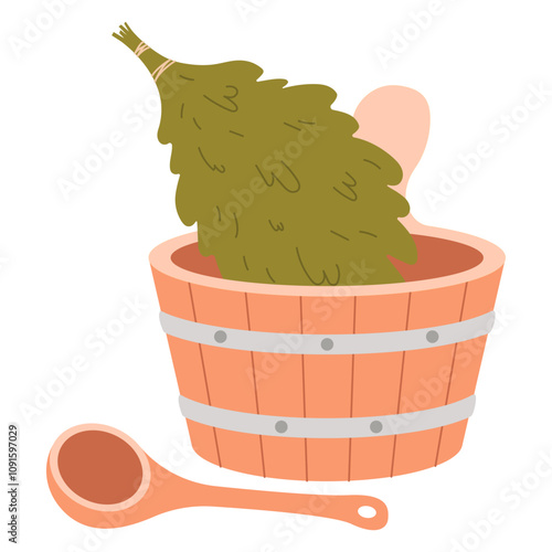 Wooden bucket with water, mug and birch broom for sauna. Vector illustration.