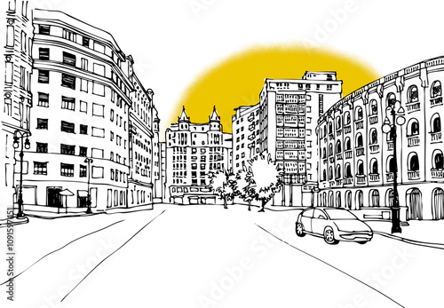 Nice Old Street. Valencia, Spain. Urban landscape. Hand drawn urban sketch. Vector illustration. Vintage postcard style. Without people.