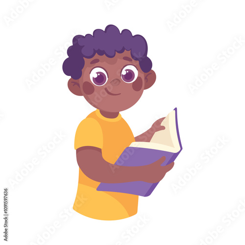 Pretty Boy Reading Book Engaged in Recreation Activity Vector Illustration