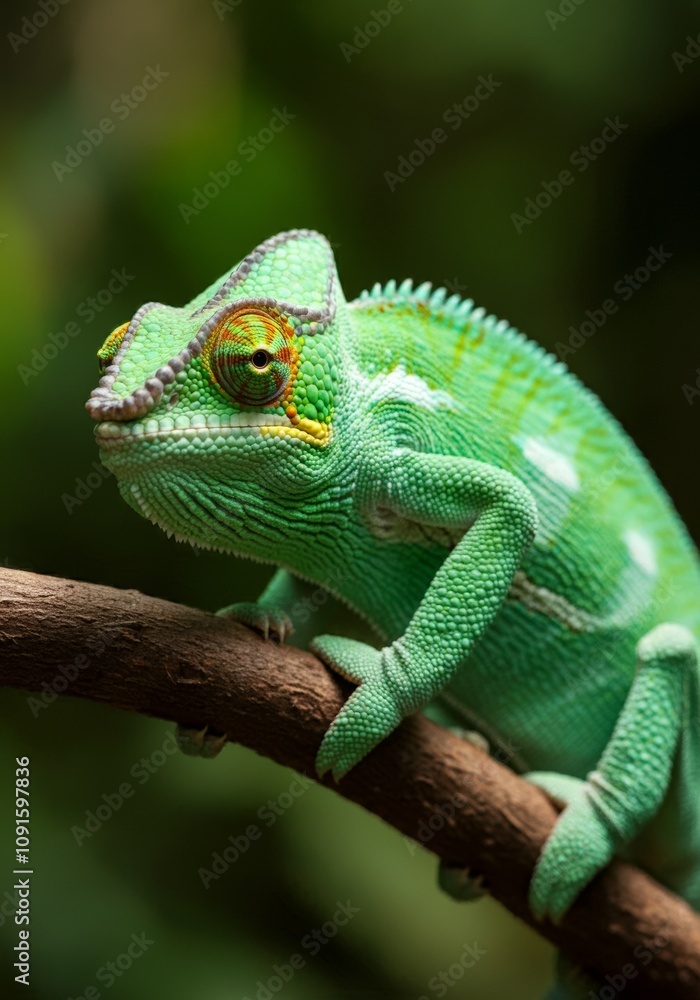 Obraz premium Green Chameleon detailed animal ultra realistic, close up macro photography, wild nature photograpgy