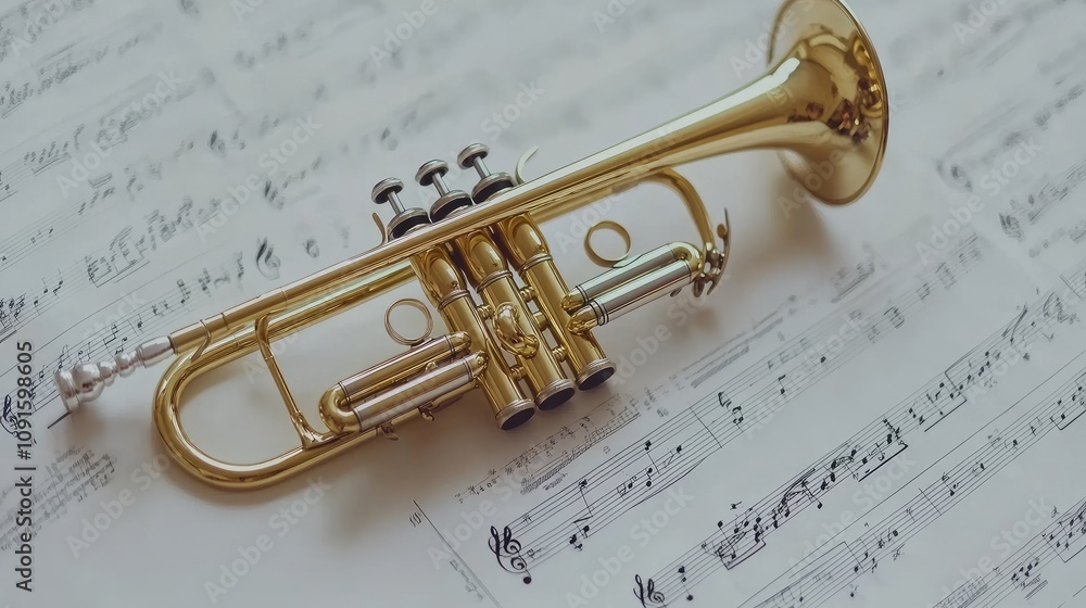 Naklejka premium A shiny brass trumpet lying on a music sheet, creating a scene of classical inspiration.