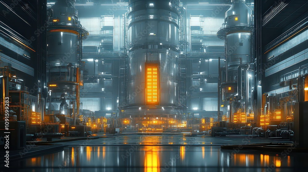 Fototapeta premium High-tech industrial facility illuminated with glowing orange and blue lights, showcasing advanced machinery and futuristic engineering.