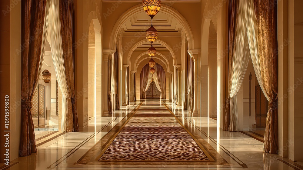 Obraz premium Lavish corridor illuminated by soft golden light, with floor-length silk curtains draping towering windows and intricately patterned rugs on polished floors.