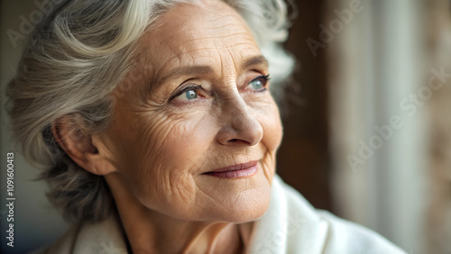 Würdevoll ästhetisches Portrait einer alten melancholischen (kranken) Frau mit subtilem Lächeln photo