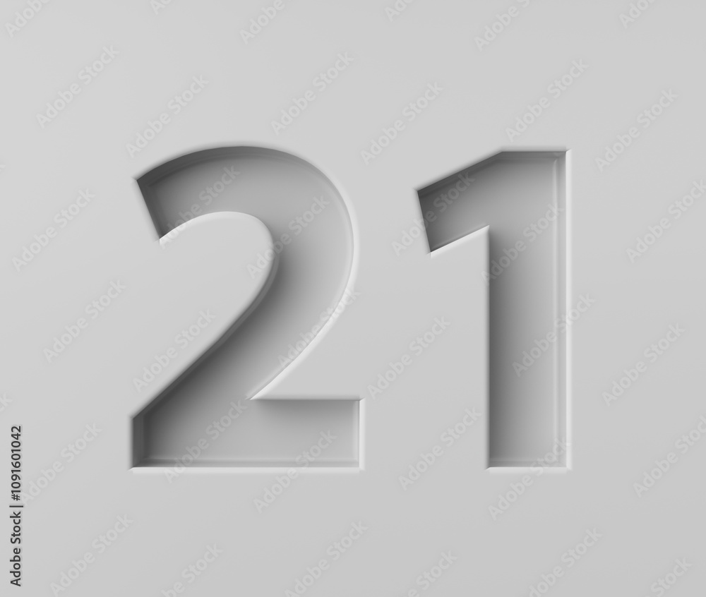 Sleek White Number 21 Twenty One With A Subtle Shadow Embossed Into Grey Background 3D Illustration Sleek White Number 21 Twenty One With A Subtle Shadow Embossed Into Grey Background 3D Illustration