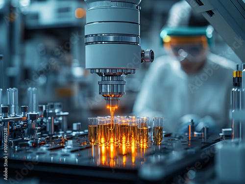 Close-Up of a Robotic Arm Handling a Test Tube in a Futuristic Laboratory, Showcasing Precision and Advanced Scientific Innovation photo