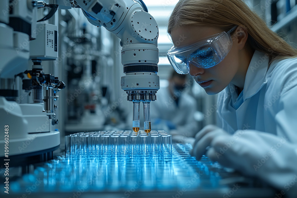 Close-Up of a Robotic Arm Handling a Test Tube in a Futuristic Laboratory, Showcasing Precision and Advanced Scientific Innovation Close-Up of a Robotic Arm Handling a Test Tube in a Futuristic Laboratory, Showcasing Precision and Advanced Scientific Innovation