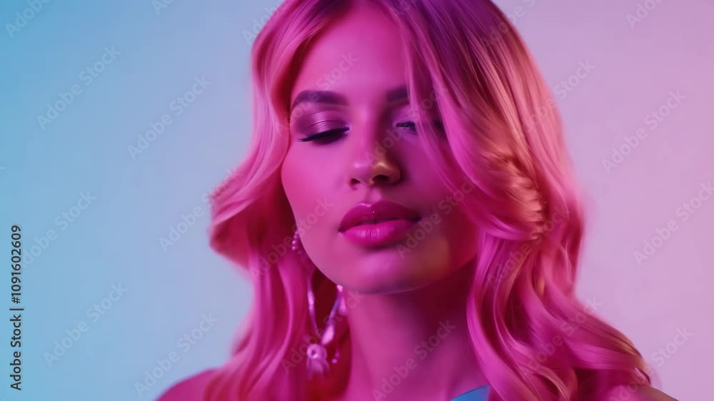 Vibrant expression of elegance: glamorous woman with pink hair poses under colorful lighting Vibrant expression of elegance: glamorous woman with pink hair poses under colorful lighting