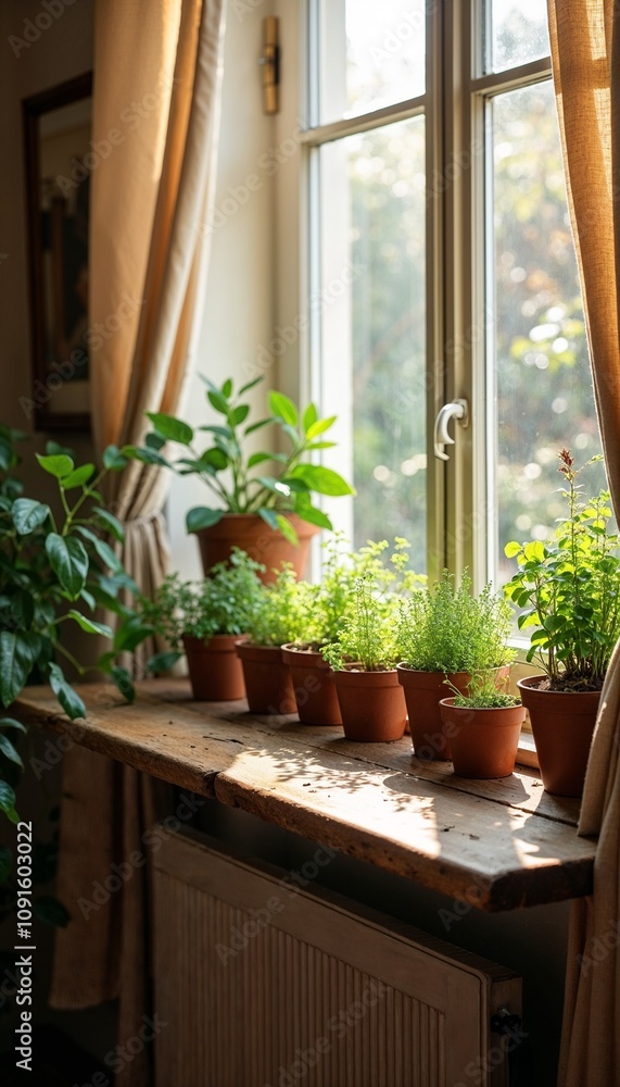 Potted herbs and green plants arranged on a wooden windowsill with natural light streaming in. Potted herbs and green plants arranged on a wooden windowsill with natural light streaming in.