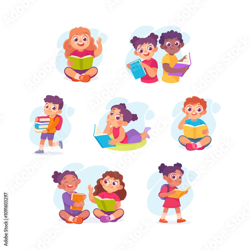 Pretty Boy and Girl Reading Book Engaged in Recreation Activity Vector Illustration Set