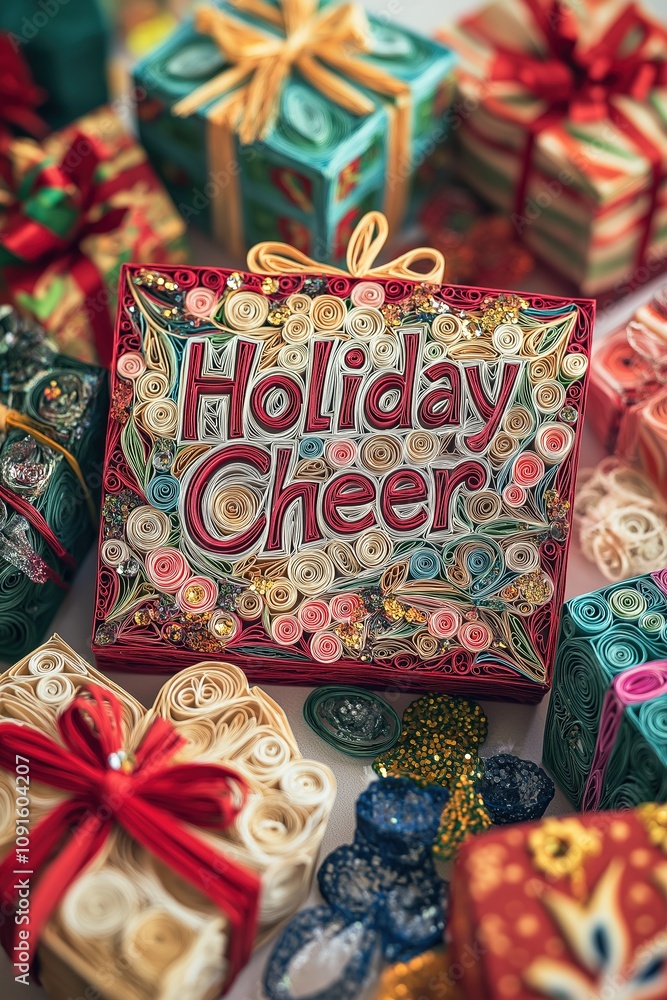 Fototapeta premium Holiday Cheer Phrase Surrounded by Quilled Gift Boxes and Confetti in Festive Paper Quilling Style