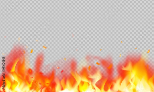 Translucent orange fire flames and sparks on transparent background. Flame border, bright burning blaze. Burning bonfire flame with sparks border Realistic tongues of flames