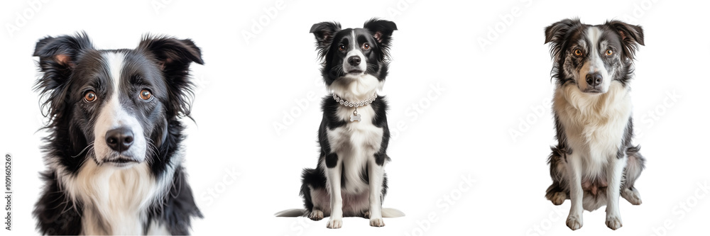 Set of a border collie sitting attentively, isolated on transparent background Set of a border collie sitting attentively, isolated on transparent background