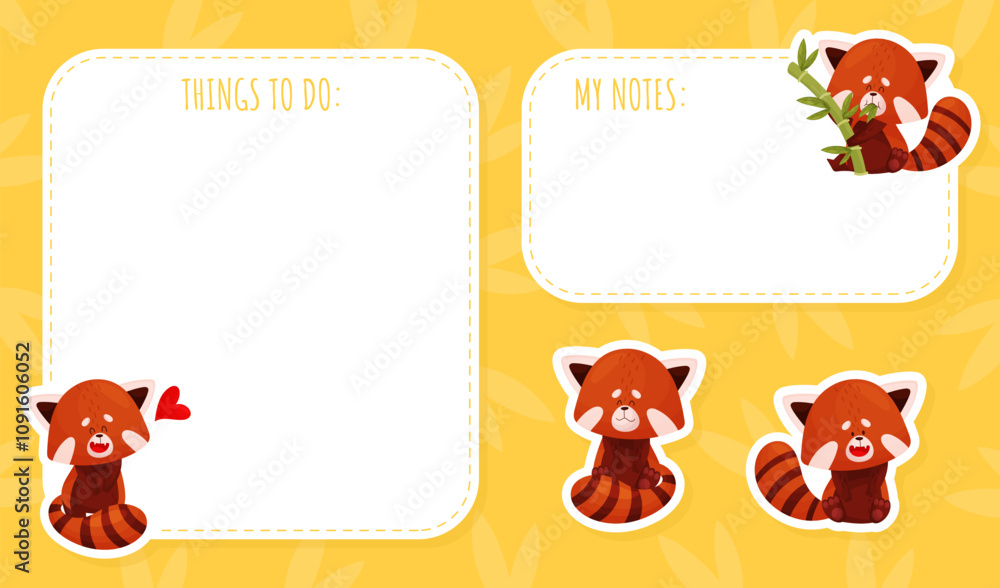 Fototapeta premium Empty Note Card with Cute Red Panda Character Vector Template