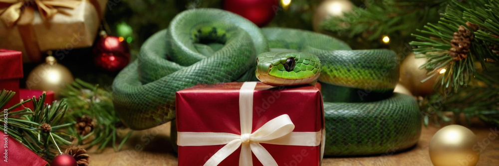 Fototapeta premium Green snake among Christmas presents and pine branches, symbolizing 2025 New Year. Festive scene with wrapped gifts and holiday decorations