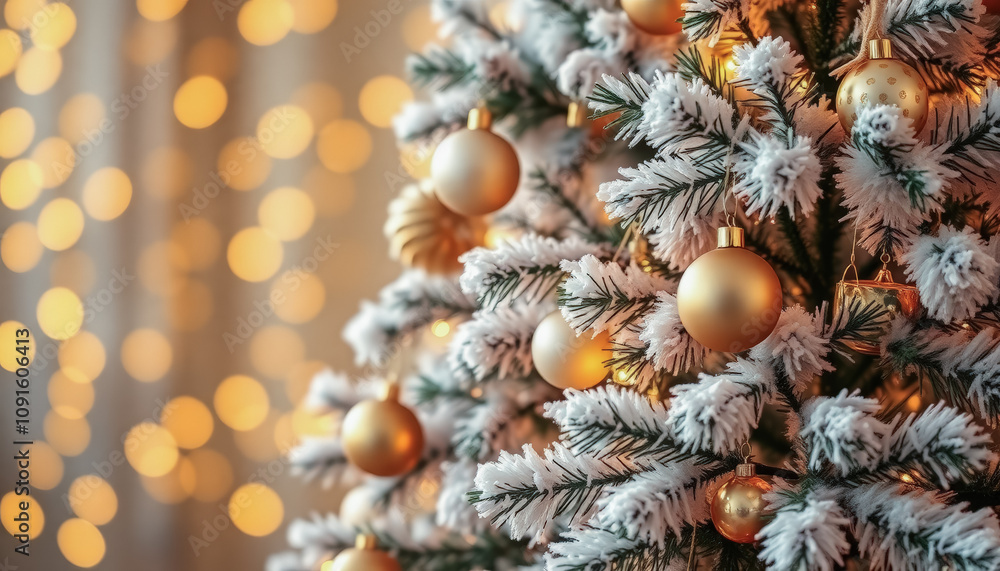Fototapeta premium Elegant Christmas Tree with Frosted Branches, Baubles, and Garlands in Gold and Silver Tones