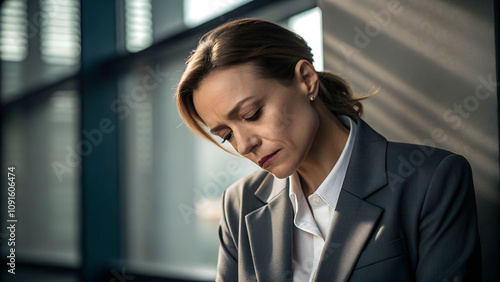 Business-Frau mit gesenktem Kopf und leidendem Gesichtsausdruck. Depressive /deprimierte Business-Frau photo