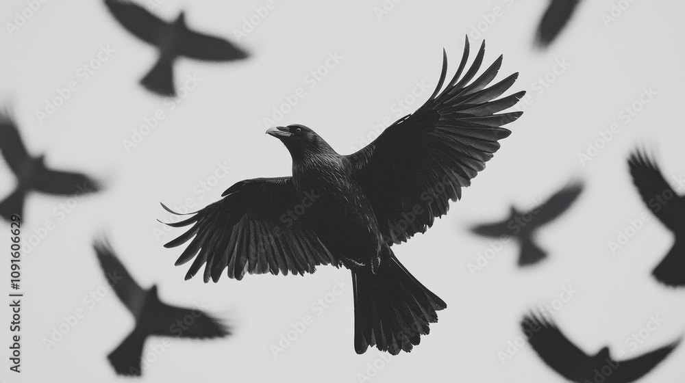 Fototapeta premium Majestic Raven in Flight Birds Soaring Over Mountains Monochrome Photography