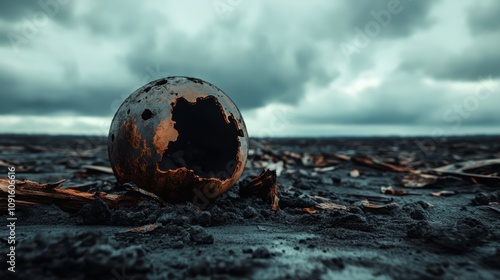 A rusted and broken spherical object lies on barren ground amidst a desolate landscape, evoking themes of decay and abandonment under cloudy skies. photo