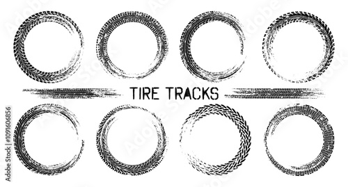 Grunge circle tire tracks, wheel braking marks. Truck, car or motorcycle tread pattern silhouettes. Auto race, motorsport, speed racing design element. Vector illustration