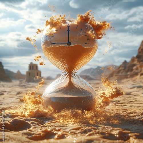 Surreal Giant Sand Timer in a Vast Desert Landscape Symbolizing Time and Nature with Dramatic Artistic Elements photo