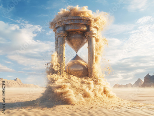 Surreal Giant Sand Timer in a Vast Desert Landscape Symbolizing Time and Nature with Dramatic Artistic Elements photo