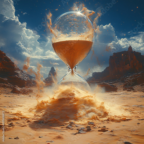 Surreal Giant Sand Timer in a Vast Desert Landscape Symbolizing Time and Nature with Dramatic Artistic Elements photo