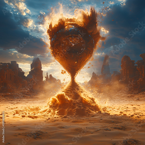 Surreal Giant Sand Timer in a Vast Desert Landscape Symbolizing Time and Nature with Dramatic Artistic Elements photo