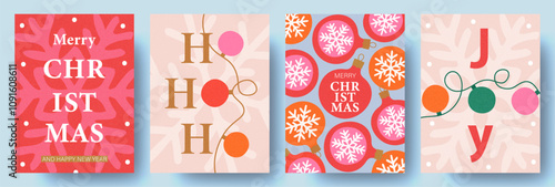 Set of Christmas cards. Modern design with Christmas garland, balls and greetings. Trendy hand drawn illustration for season banner, poster, cover. Vector illustration.