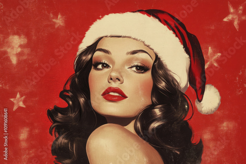 A vintage style illustration of a beautiful woman wearing a Christmas santa hat 
 photo